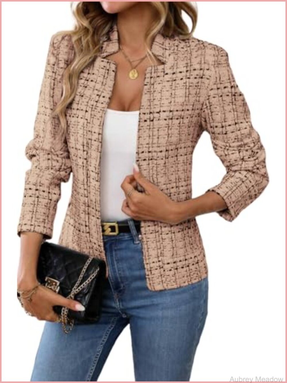 Tweed Open Front Blazer Long Sleeve Notch Collar Fully Lined Business Work